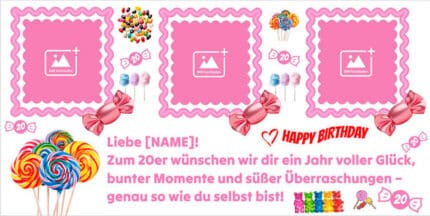 Pinkes Geburtstagsbanner im Süßigkeiten-Design mit Lollis, Zuckerwatte und Gummibärchen zum 20. Geburtstag.
