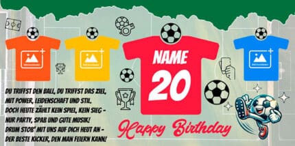 Sportliches Geburtstagsbanner Fu&szlig;ball-Motiv mit Trikots, Pokal und B&auml;llen auf gr&uuml;nem Hintergrund zum 20. Geburtstag.