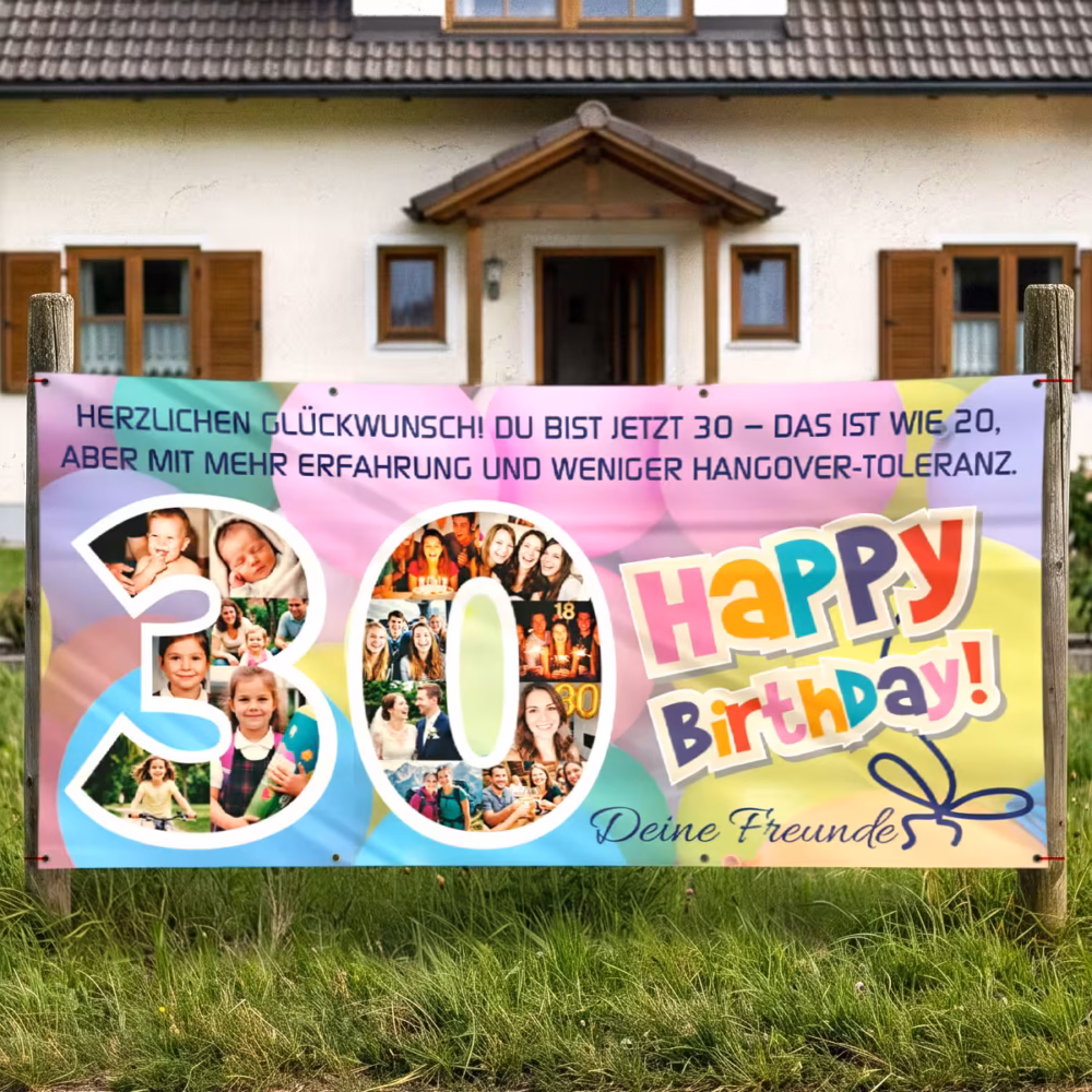 geburtstagsbanner-30-geburtstag-plakat-gestalten Geburtstagsbanner zum 30. Geburtstag am Straßenrand vor einem Haus in Österreich