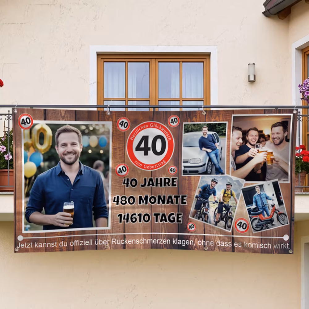 geburtstagsbanner-40-geburtstag-fotocollage Geburtstagsbanner mit Kabelbindern am Balkongeländer befestigt