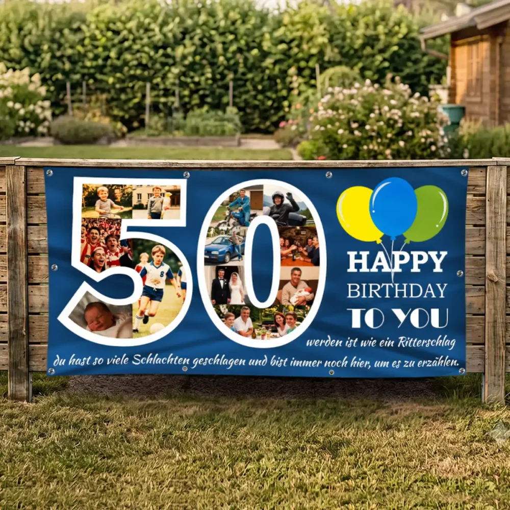 geburtstagsbanner-50-geburtstag-fotocollage Personalisiertes Banner zum 50. Geburtstag mit Fotocollage in Zahlenform