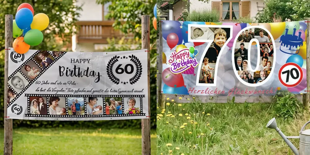 Geburtstagsbanner zum runden Geburtstag am Straßenrand vor einem Haus in Österreich