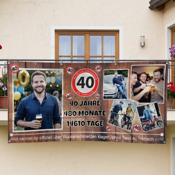 geburtstagsbanner-40-geburtstag-fotocollage Geburtstagsbanner zum 40. Geburtstag mit Fotocollage, montiert am Balkongeländer