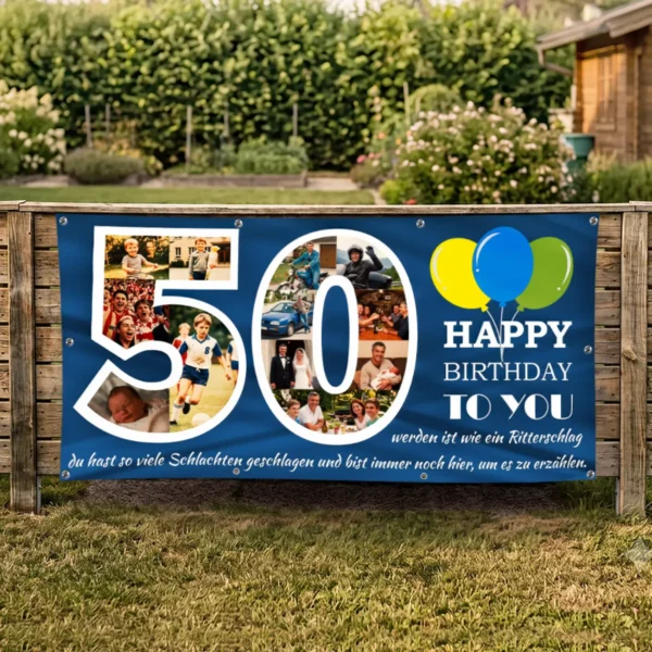 geburtstagsbanner-50-geburtstag-fotocollage Geburtstagsbanner zum 50. Geburtstag mit Fotocollage, aufgehängt am Gartenzaun