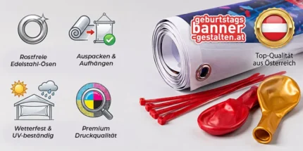 Hochwertiges Geburtstagsbanner aus Österreich, wetterfest mit rostfreien Ösen. Die Lieferung erfolgt inklusive kostenlosen roten Kabelbindern zur Befestigung und Gratis-Party-Luftballons.