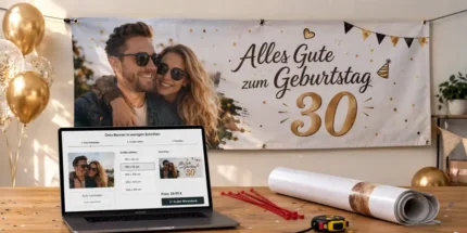 Eigenes Geburtstagsplakat auf PVC-Plane, gedruckt nach Kundendatei Upload-Feld mit automatischer Gr&ouml;&szlig;enberechnung f&uuml;r eigene Druckdateien Gr&ouml;&szlig;envergleich Geburtstagsbanner von 100x50 bis 300x150 cm Rostfreie Edelstahl-&Ouml;sen am Rand einer bedruckten PVC-Plane