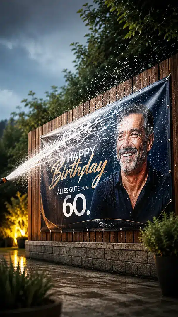 Wetterfester Geburtstagsbanner beim Wassertest