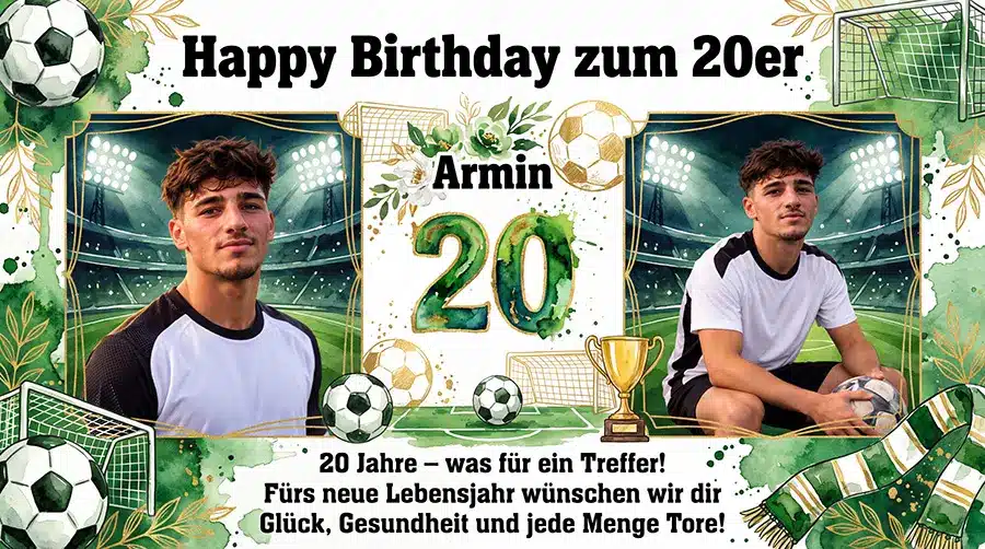 KI-generiertes Geburtstagsbanner zum 20. Geburtstag mit Fußball-Motiv und Foto